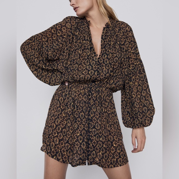 ZARA METALLIC PRINT DRESS WITH BALLOON SLEEVES - Picture 3 of 7